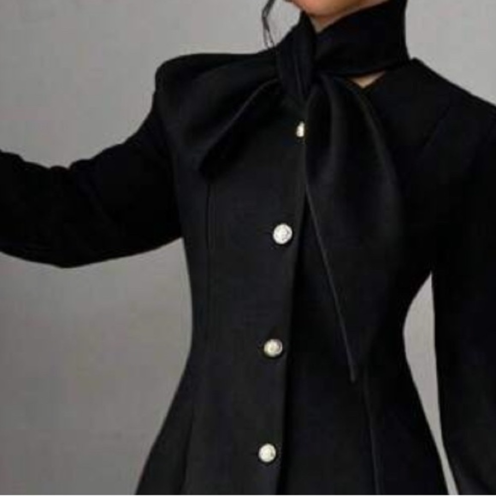 Classic Tan Tie Neck Button Pockets Coat Jacket - Picture 5 of 7